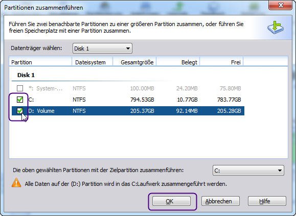 Partition C und D zusammenfügen