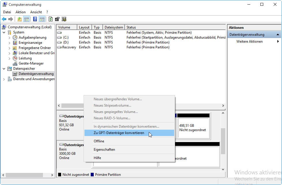 Zu GPT-Datenträer konvertieren in Datenträgerverwaltung