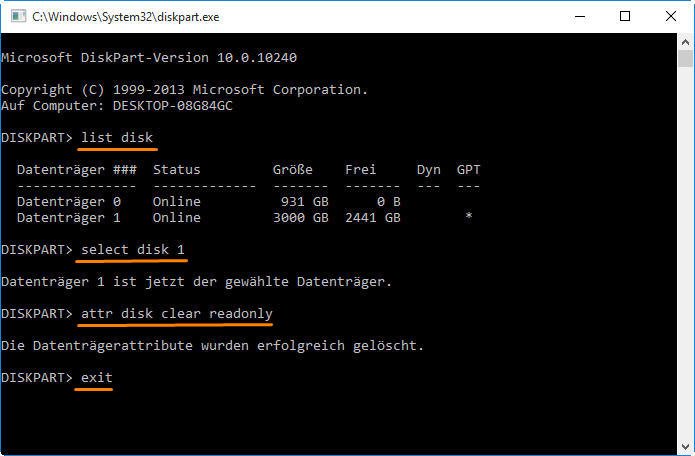 mit Diskpart den Schreibschutz aufheben