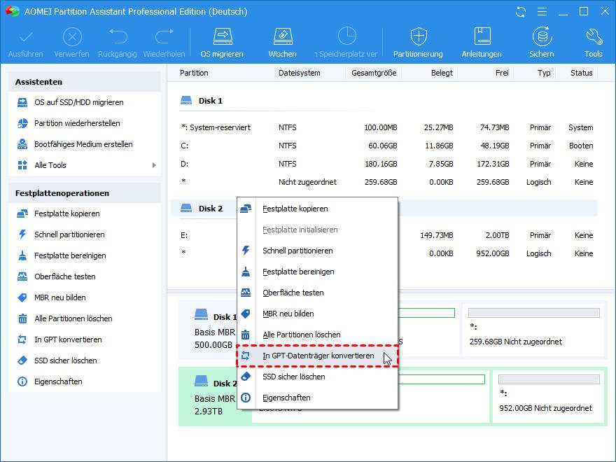 Zu GPT-Datenträger konvertieren in PA