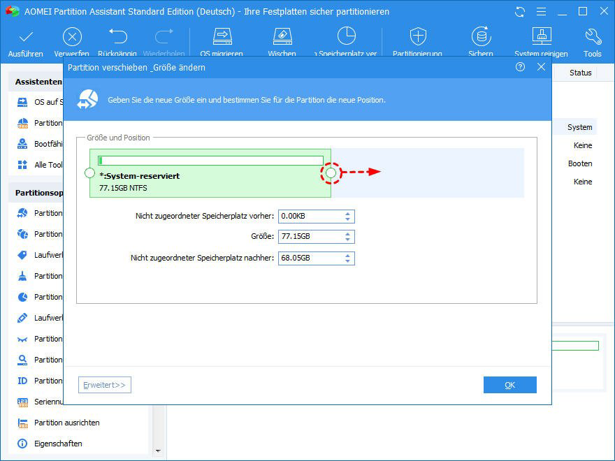 System reservierte Partition erweitern