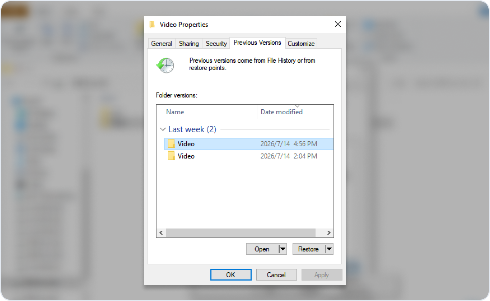Registerkarte „Vorgängerversionen“ in den Windows-Ordner-Eigenschaften