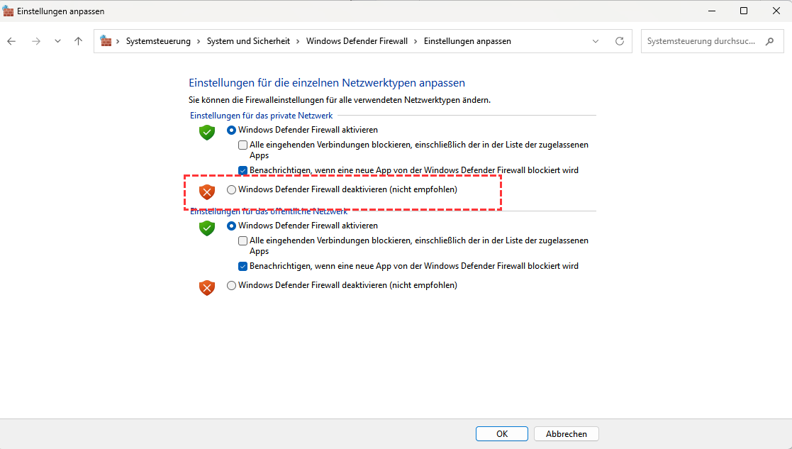 Windows-Firewall deaktivieren