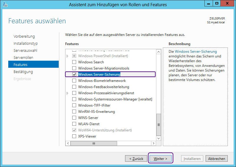 Windows Server-Sicherung installieren