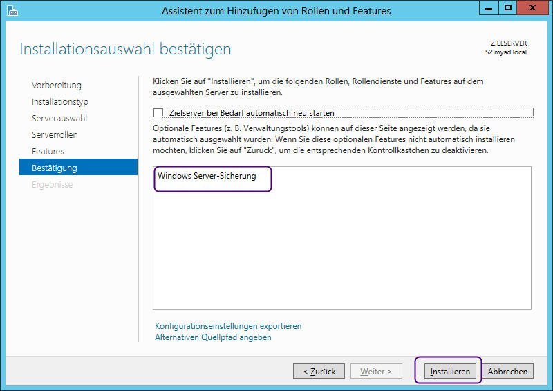 Windows Server-Sicherung installieren