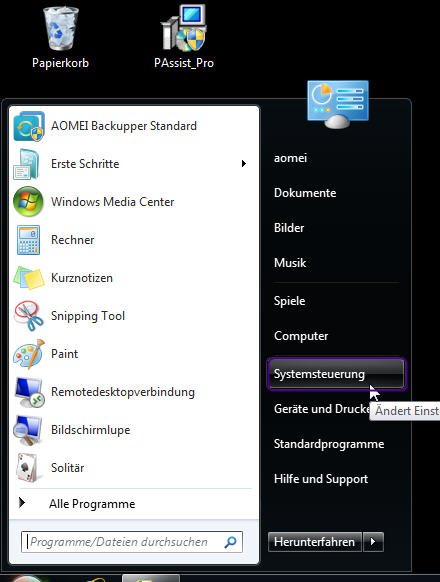 Windows 7 Systemsteuerung